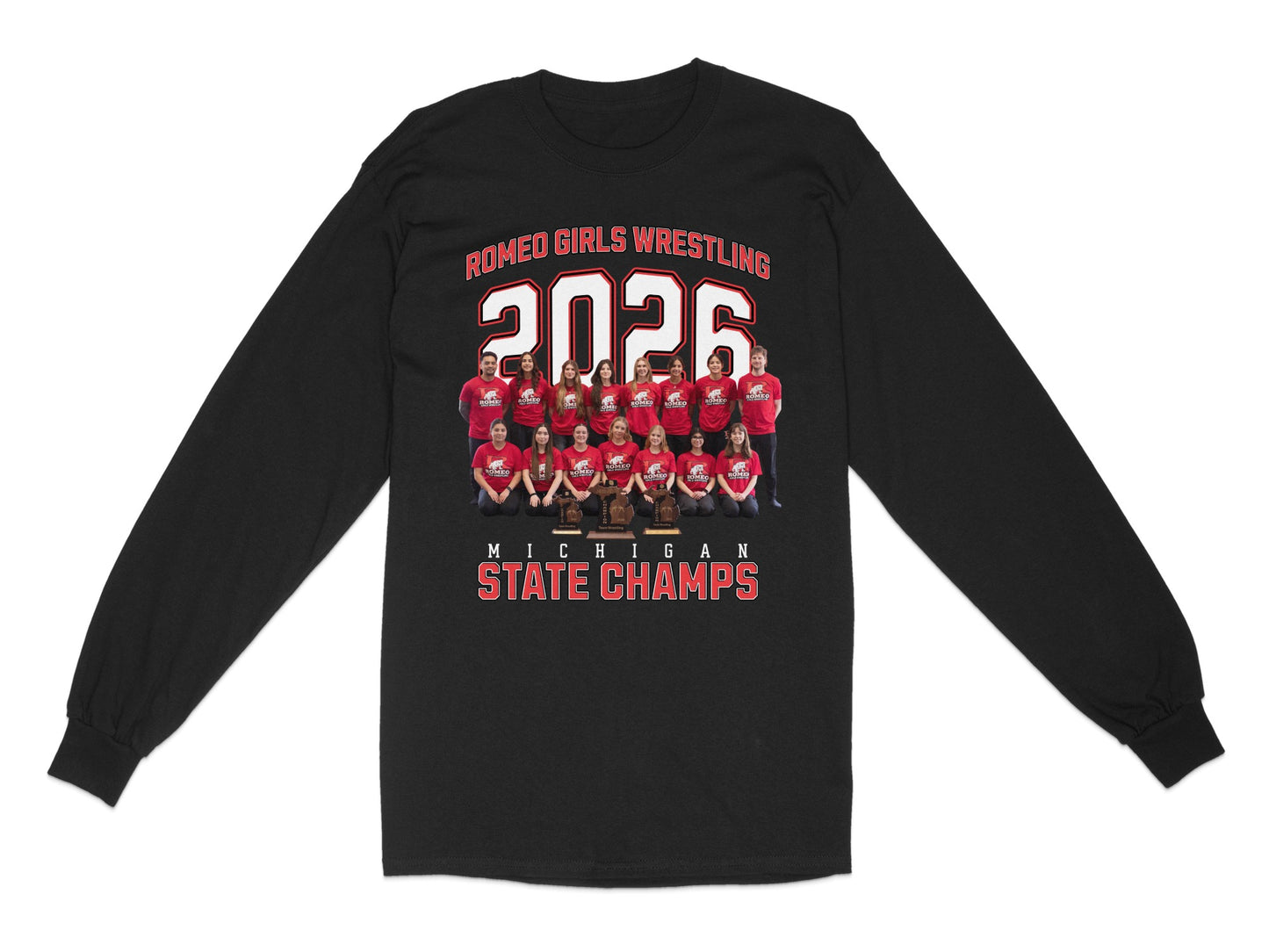 Romeo Girls Wrestling 2026 Michigan State Champs team photo on long-sleeve shirt.