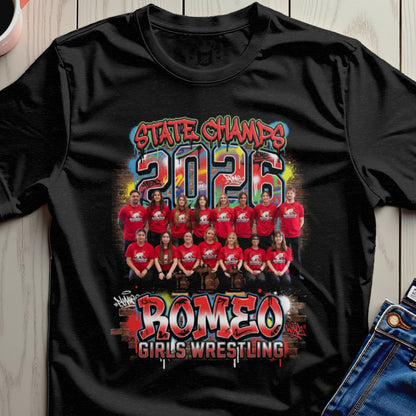 Romeo Girls Wrestling State Champs 2026 team photo on a black t-shirt.