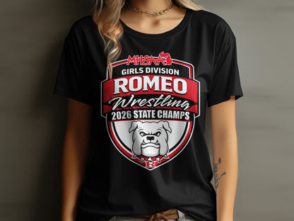 Black t-shirt with Girls Division Wrestling 2026 State Champs logo.