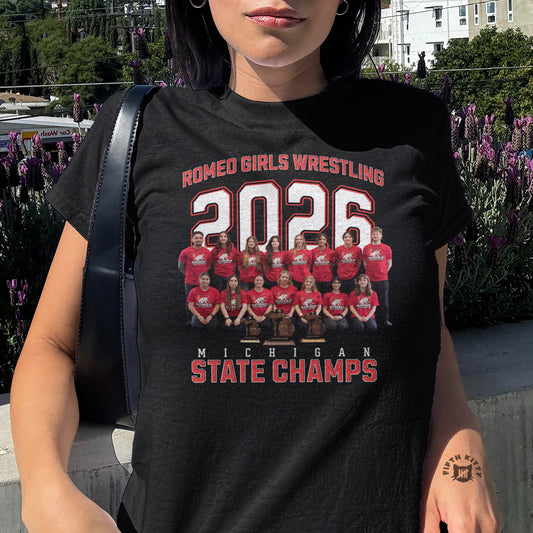 Romeo Girls Wrestling 2026 Michigan State Champs t-shirt.