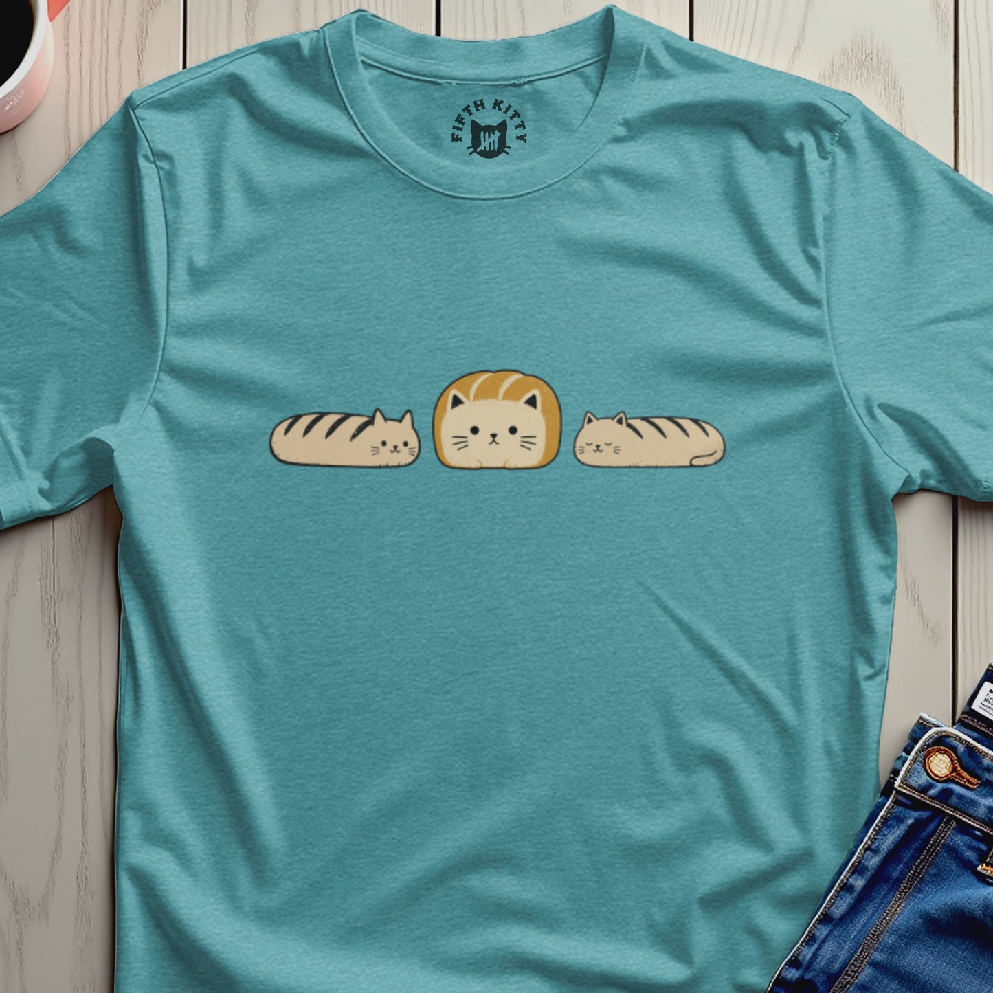 Teal t-shirt with two bread loaf cats and one loaf cat in the center.