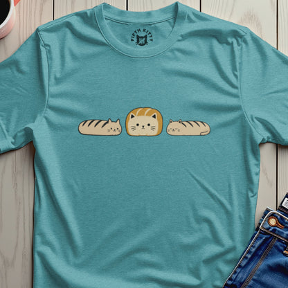 Teal t-shirt with two bread loaf cats and one loaf cat in the center.