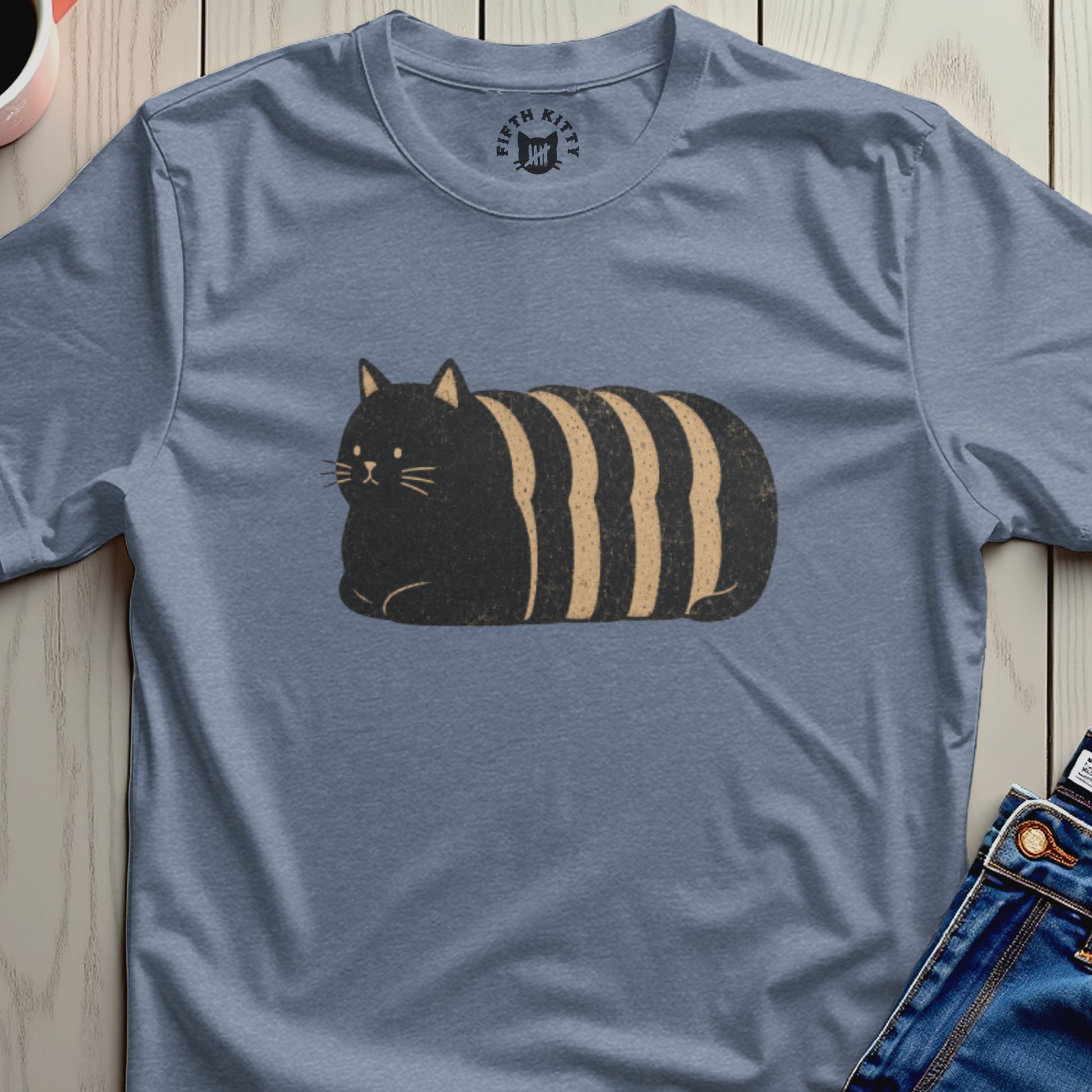 Shirt with black and tan striped cat graphic and "FIFTH KITTY" logo.