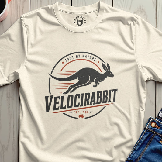Velocirabbit t-shirt with kangaroo illustration, "Fast by Nature," and "Est. 1986."