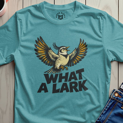 Teal t-shirt with a bird graphic and "WHAT A LARK" text.