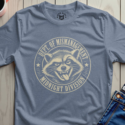 Blue t-shirt with "Dept. of Mismanagement Midnight Division" raccoon graphic.