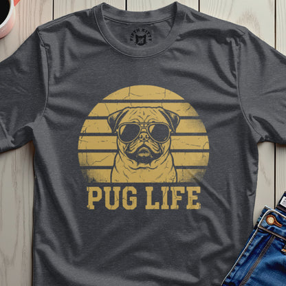 Pug Life Dog with Sunglasses Graphic on Dark T-Shirt