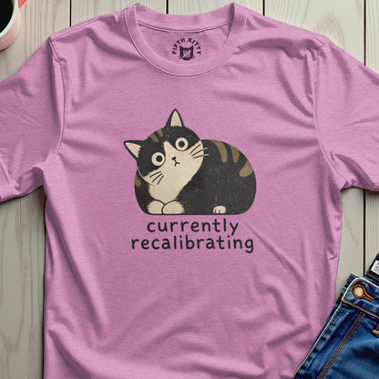 Pink t-shirt with a distressed graphic of a cat and text "currently recalibrating".