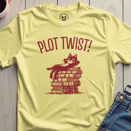 Plot Twist Cat on Books Fun Graphic Novelty T-Shirt