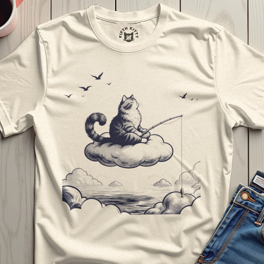 Cat Fishing on Cloud with Birds Graphic T-Shirt