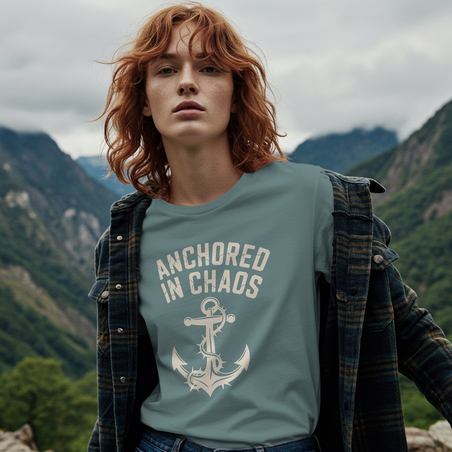 Person wearing a t-shirt with 'Anchored in Chaos' design in a mountainous landscape