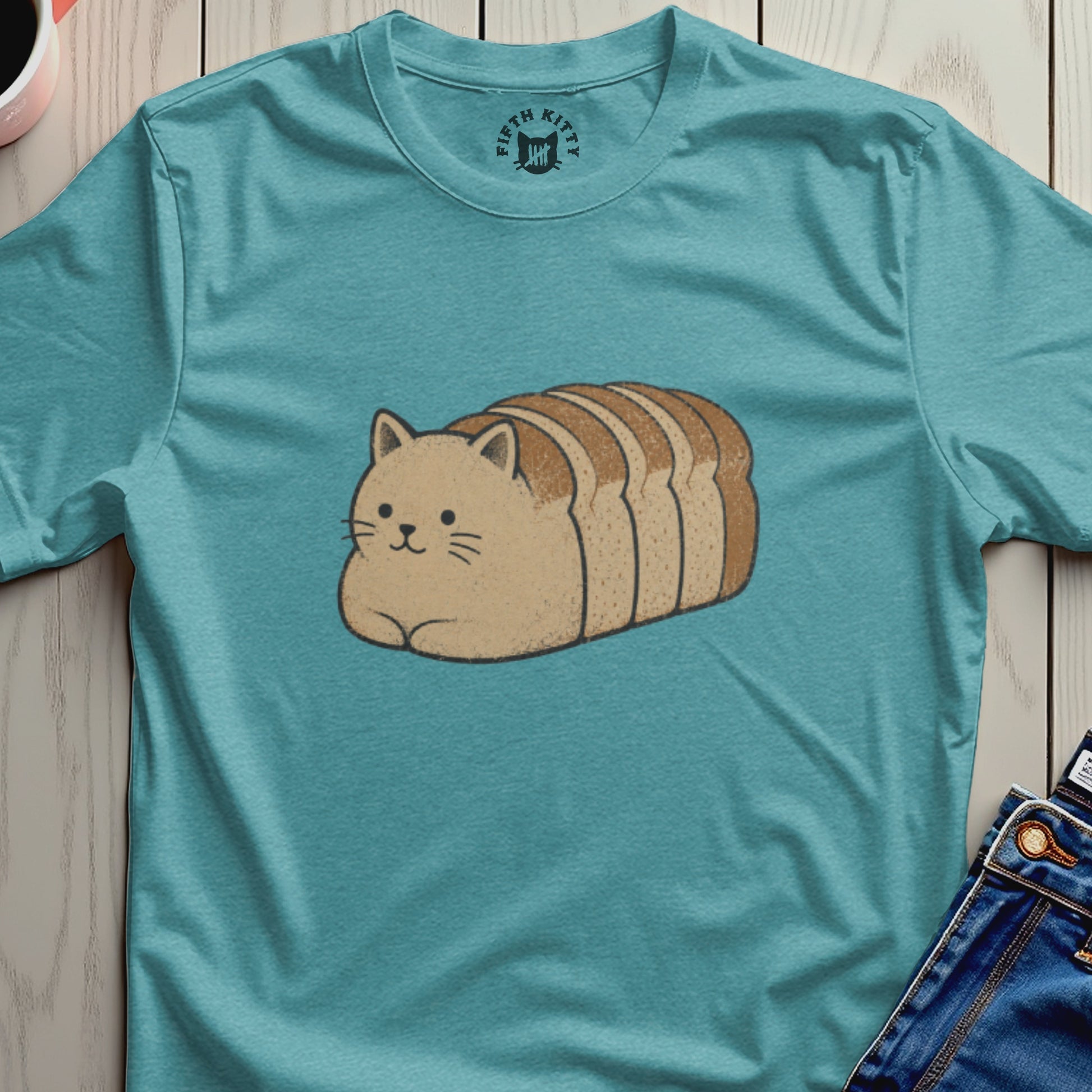 Teal t-shirt with a graphic of a cat loaf and "Fifth Kitty" logo.