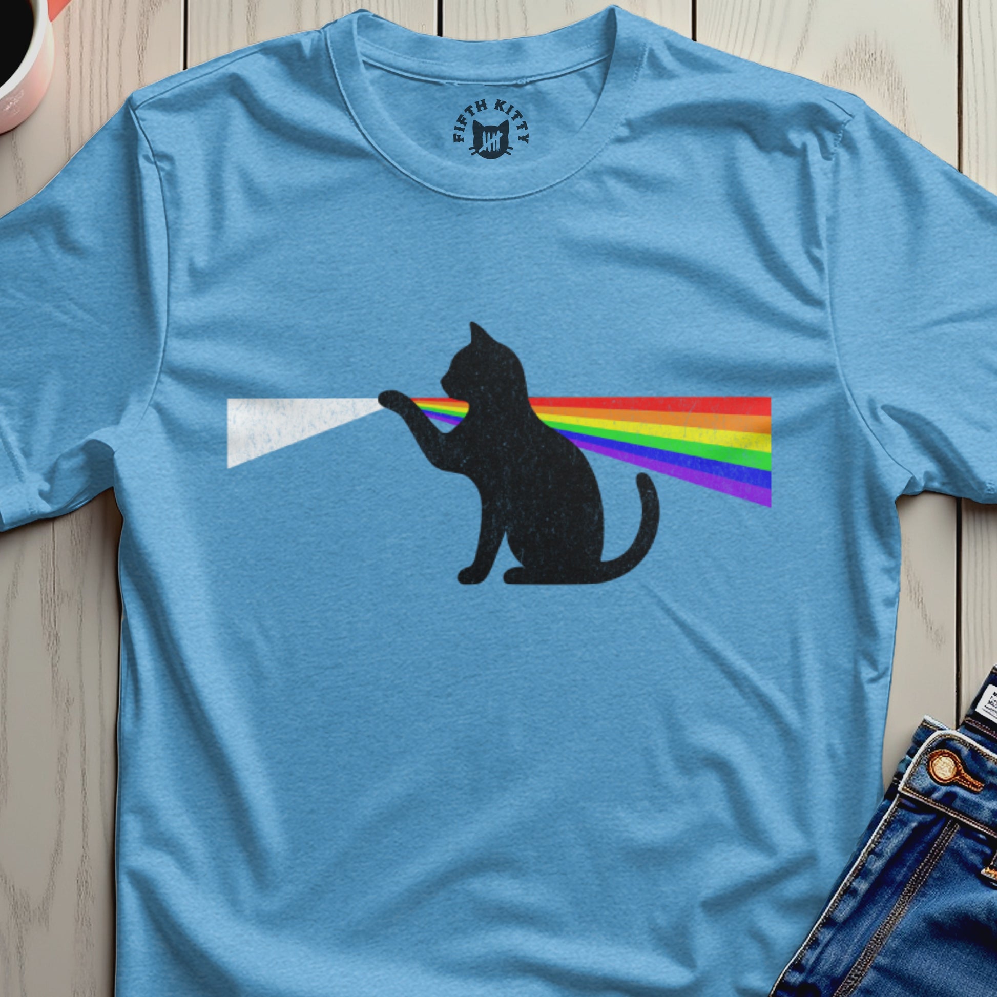Rainbow Cat Silhouette Design Blue T-Shirt Product