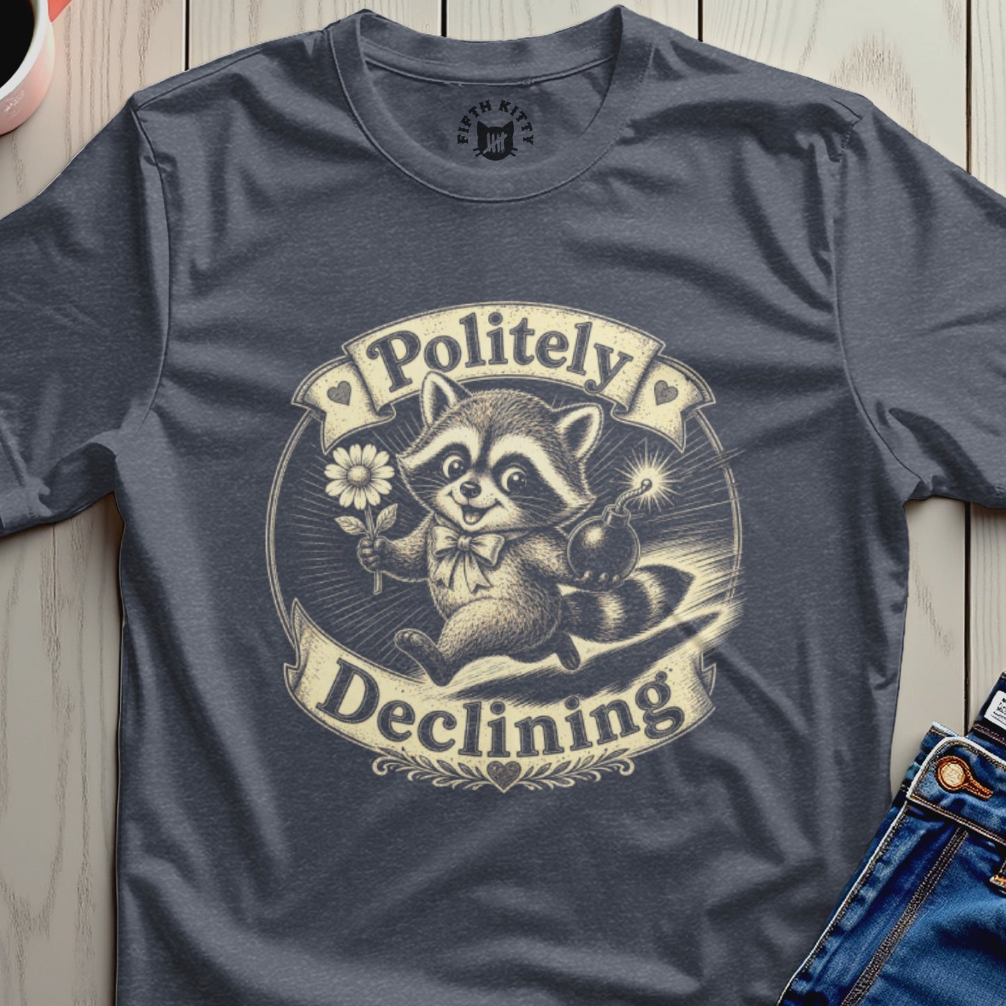 Raccoon holding a flower and bomb, "Politely Declining" text in banner.