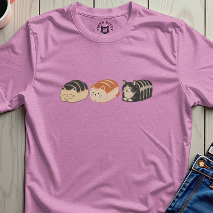 Pink t-shirt with three loaf-shaped cats and Fifth Kitty logo on collar.