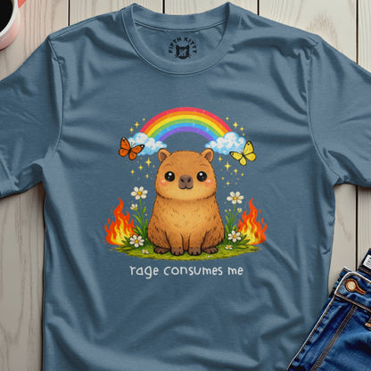 Capybara with rainbow, butterflies, and flames, text "rage consumes me".