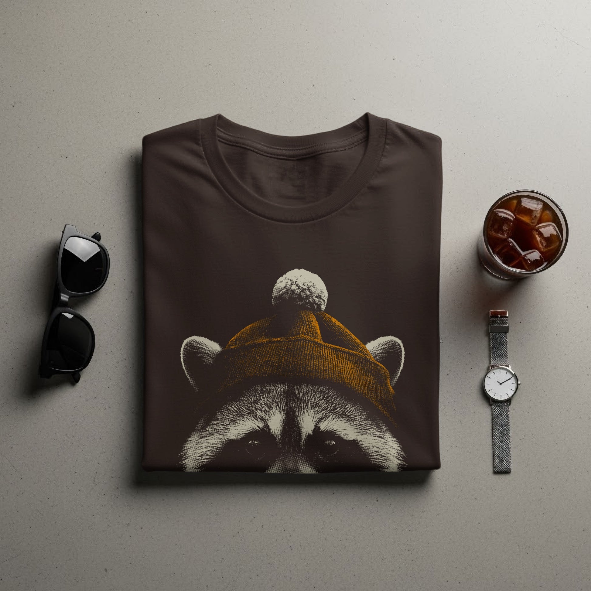 Cute Raccoon Wearing a Beanie Design T-Shirt