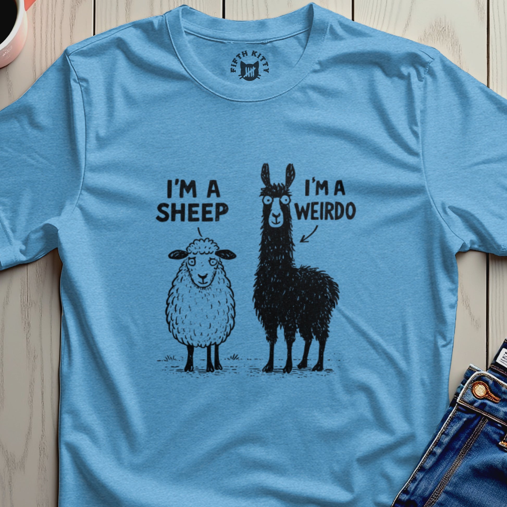 Black llama and sheep with text "I'M A SHEEP" and "I'M A WEIRDO".