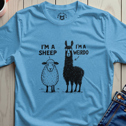 Black llama and sheep with text "I'M A SHEEP" and "I'M A WEIRDO".