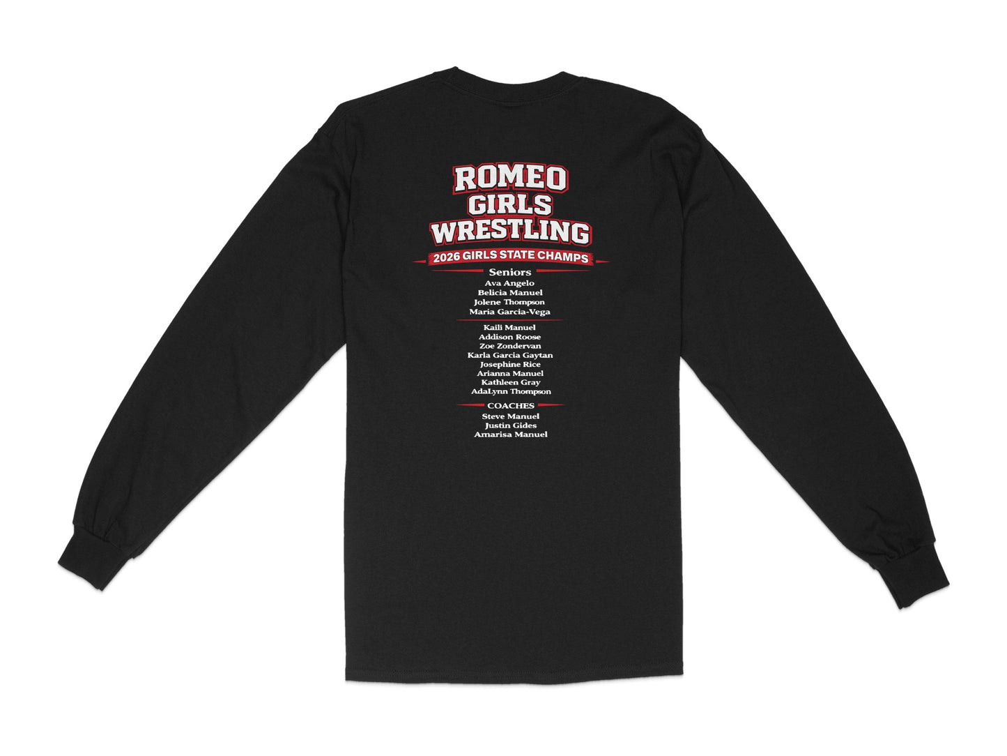 Romeo Girls Wrestling 2026 Girls State Champs long-sleeve shirt with roster.