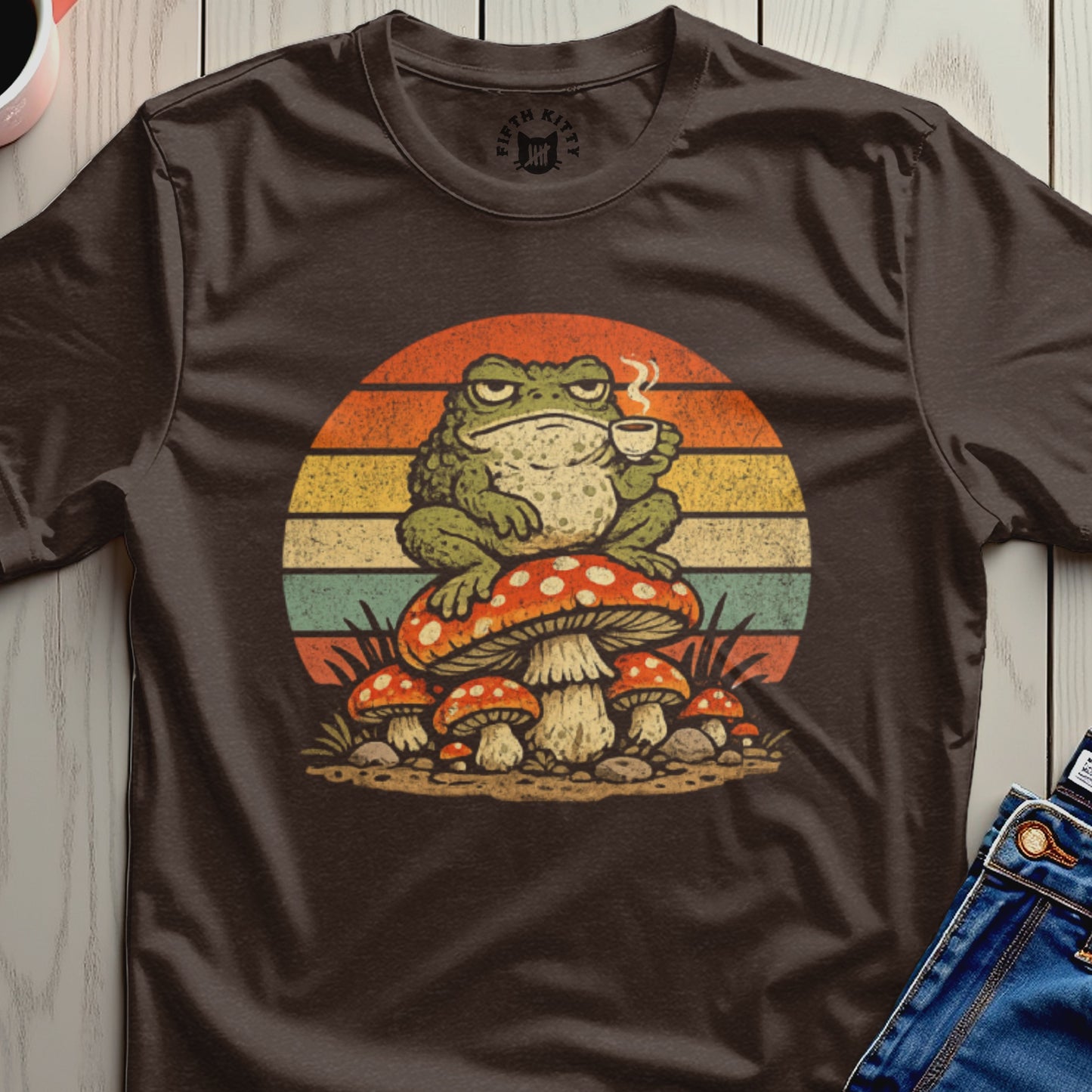 Retro Frog Drinking Coffee on Mushrooms T-Shirt
