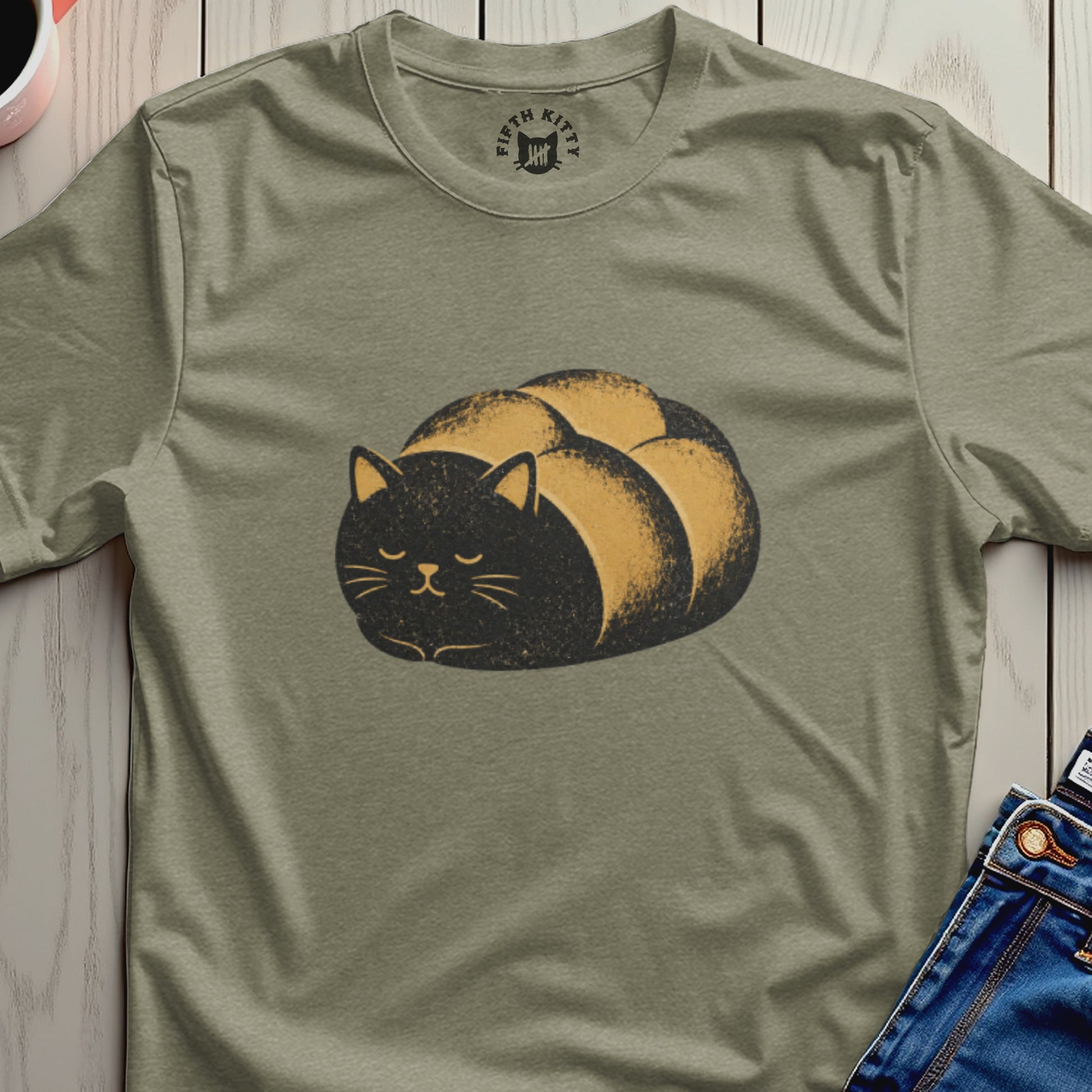 T-shirt with a cartoon black cat loaf graphic and "FIFTH KITTY" logo.