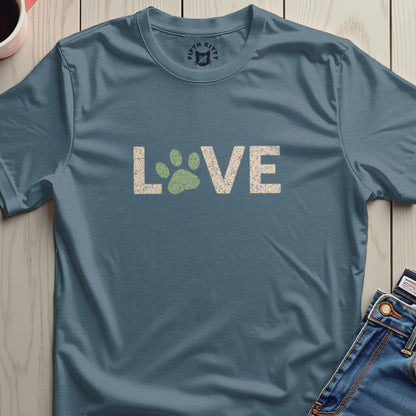 Blue Shirt with LOVE and Paw Print Graphic Design