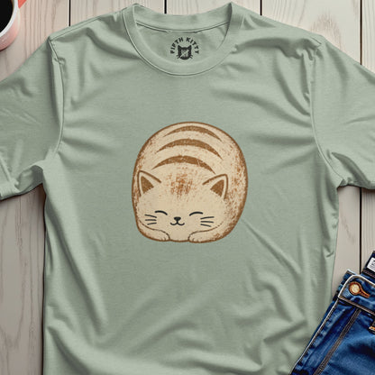 Light green t-shirt with a drawing of a round, striped cat and "Fifth Kitty" logo.