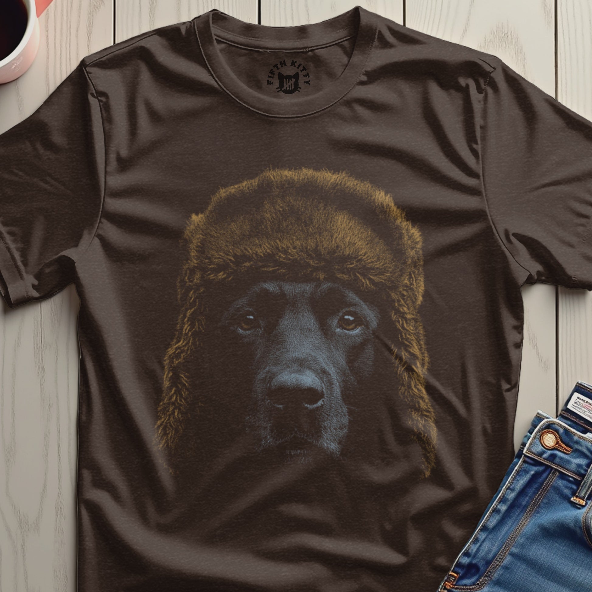 Cozy Black Labrador Dog in Fur Hat Graphic T-shirt