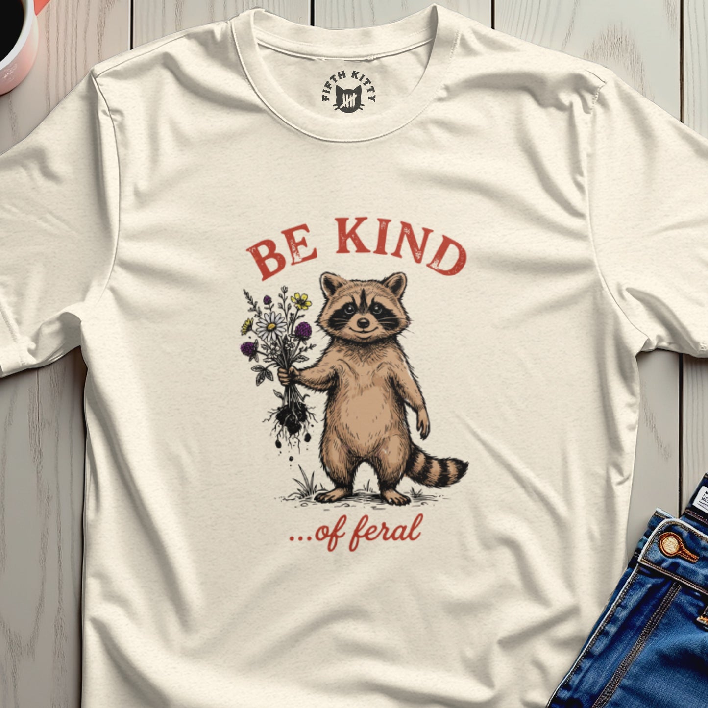 Raccoon holding a bouquet of flowers with text "BE KIND ...of feral".