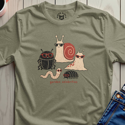 T-shirt graphic of cartoon bugs with sunglasses and text "garden celebrities".