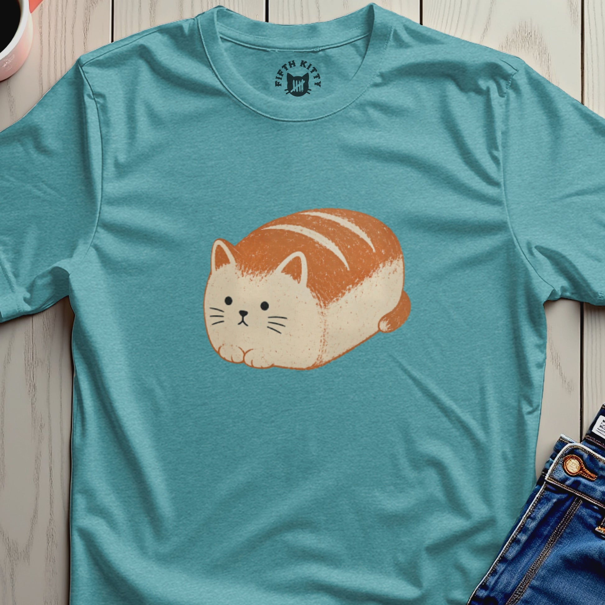 Teal t-shirt with a loaf of bread shaped cat graphic and Fifth Kitty logo.
