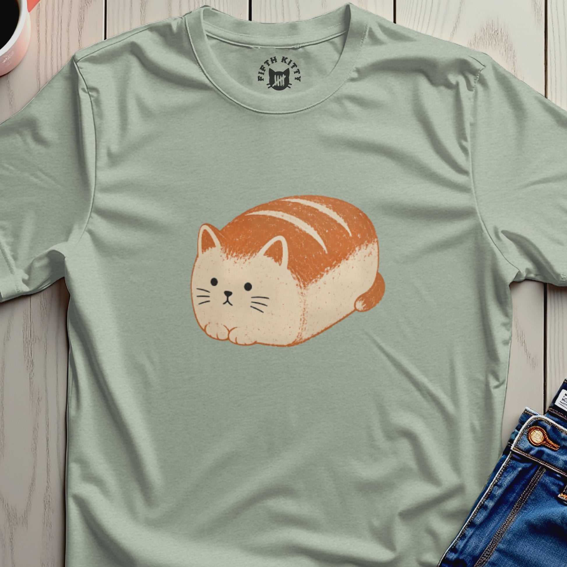 Light green t-shirt with a cartoon loaf of bread cat graphic and Fifth Kitty logo.