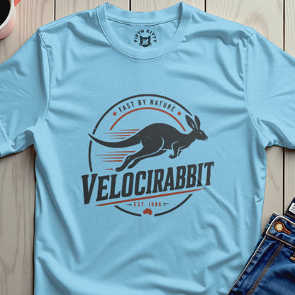 Light blue t-shirt with "Velocirabbit" graphic featuring a kangaroo and rabbit hybrid.