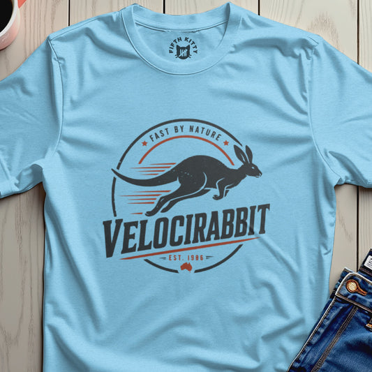 Light blue t-shirt with "Velocirabbit" graphic featuring a kangaroo and rabbit hybrid.