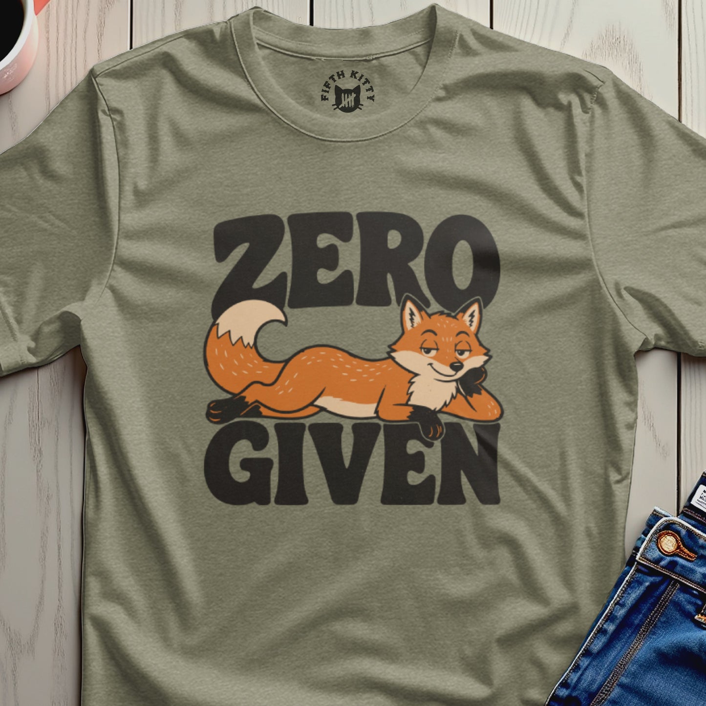 Fox graphic tee with "ZERO GIVEN" text, laid flat.