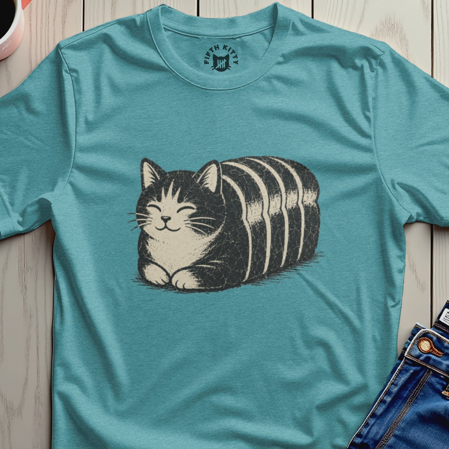 Teal t-shirt with a smiling cartoon cat and the "Fifth Kitty" logo on the collar.
