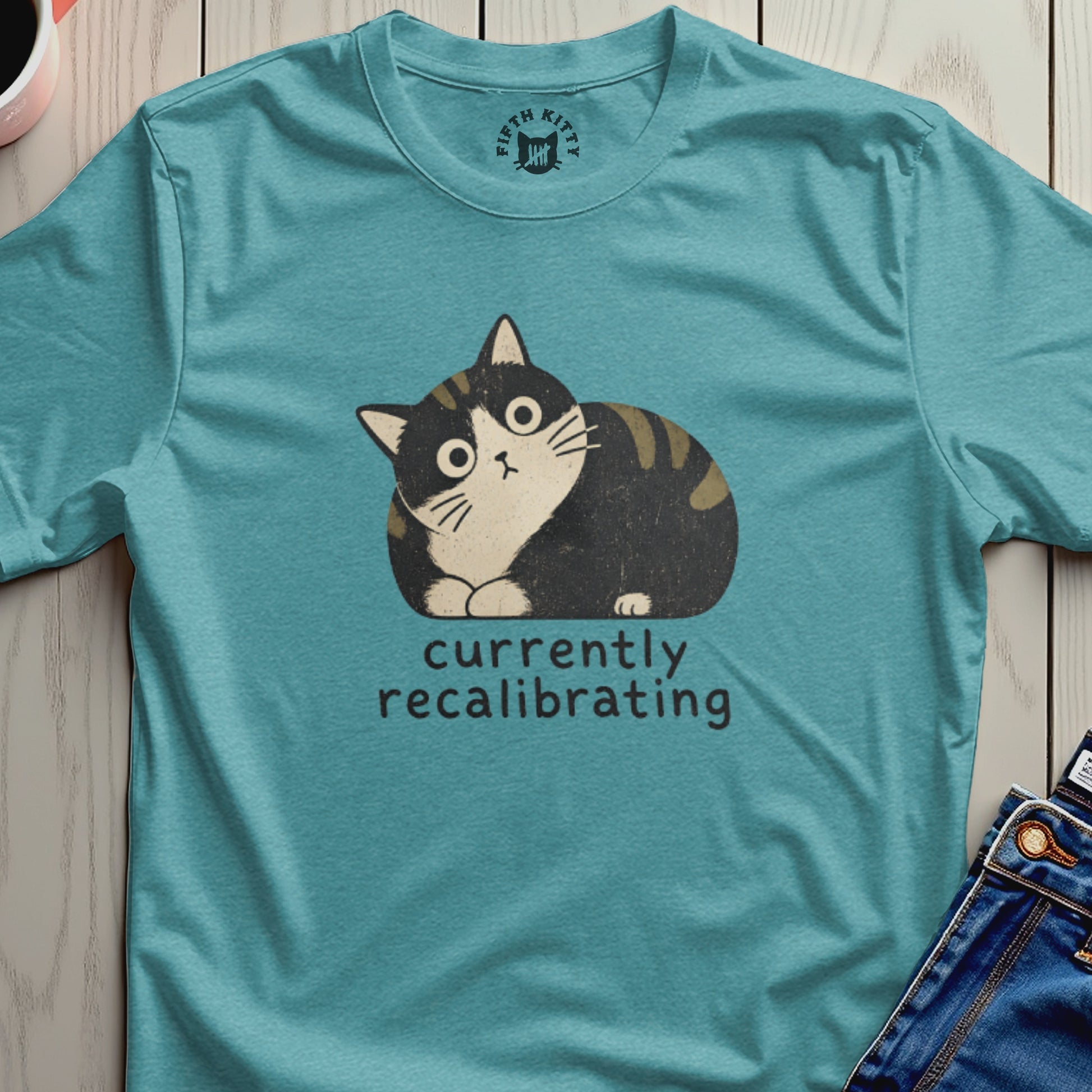 Teal t-shirt with distressed cartoon cat and text "currently recalibrating".