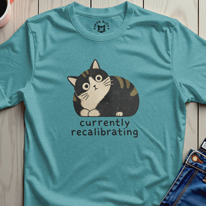 Teal t-shirt with distressed cartoon cat and text "currently recalibrating".