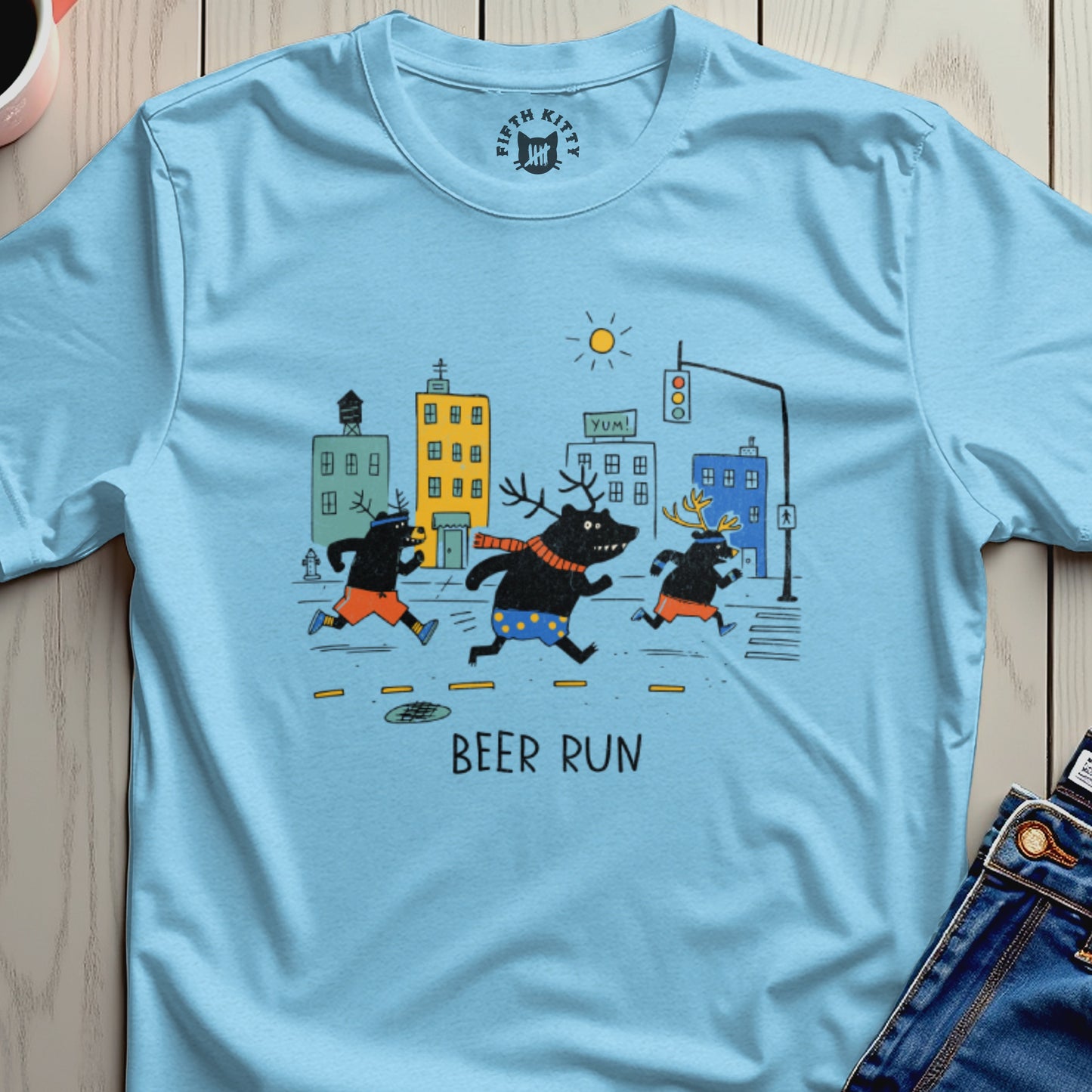 Cartoon bears run through a city with the words "BEER RUN" printed below.