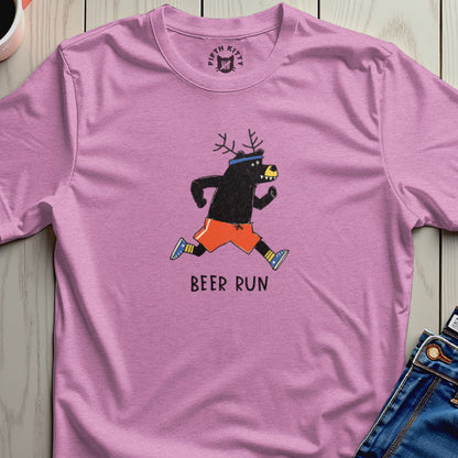 Pink t-shirt with black bear wearing antlers and running shorts, text "BEER RUN".