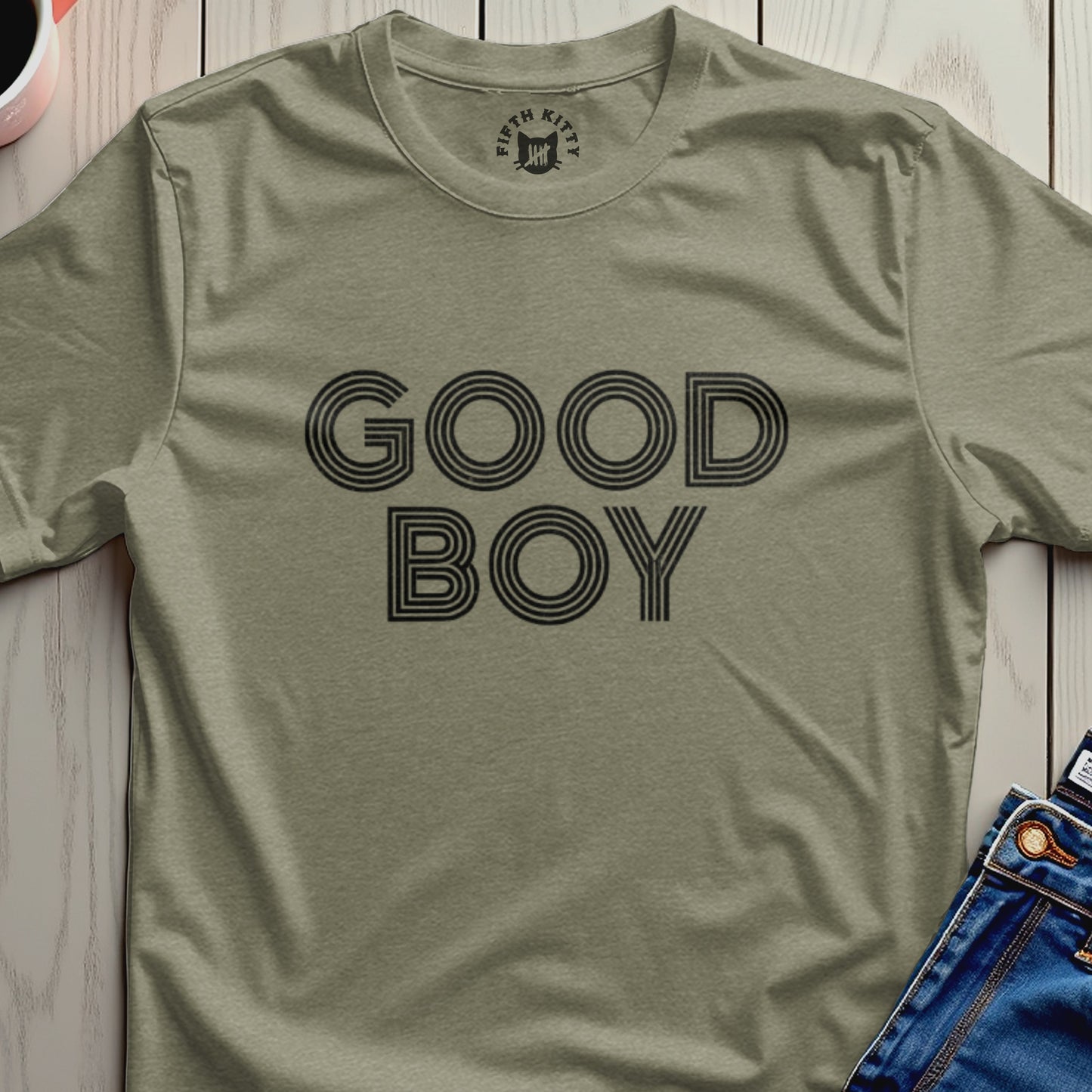 Green t-shirt with black text "GOOD BOY" and Fifth Kitty logo.