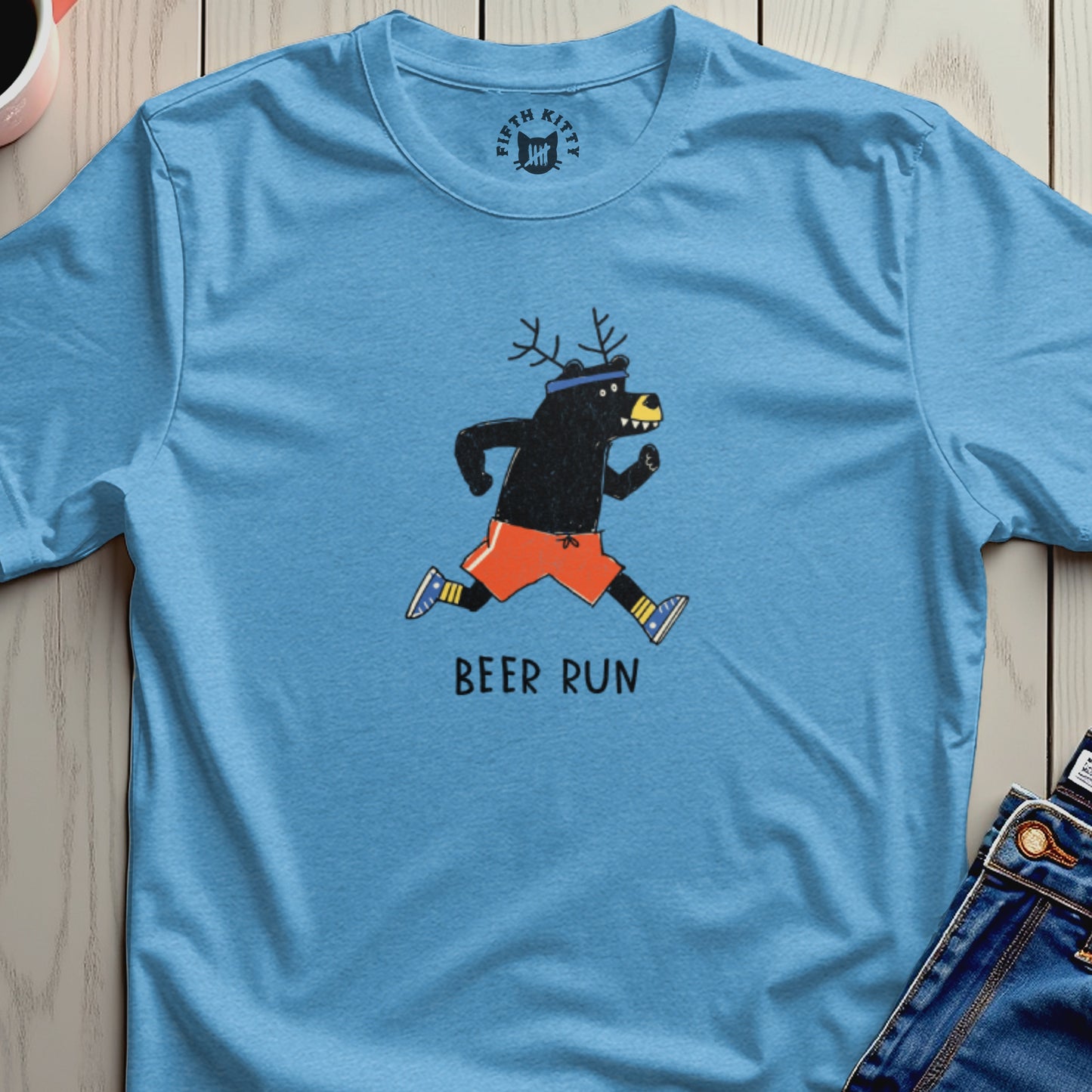 Cartoon bear with antlers running in orange shorts, text "BEER RUN".