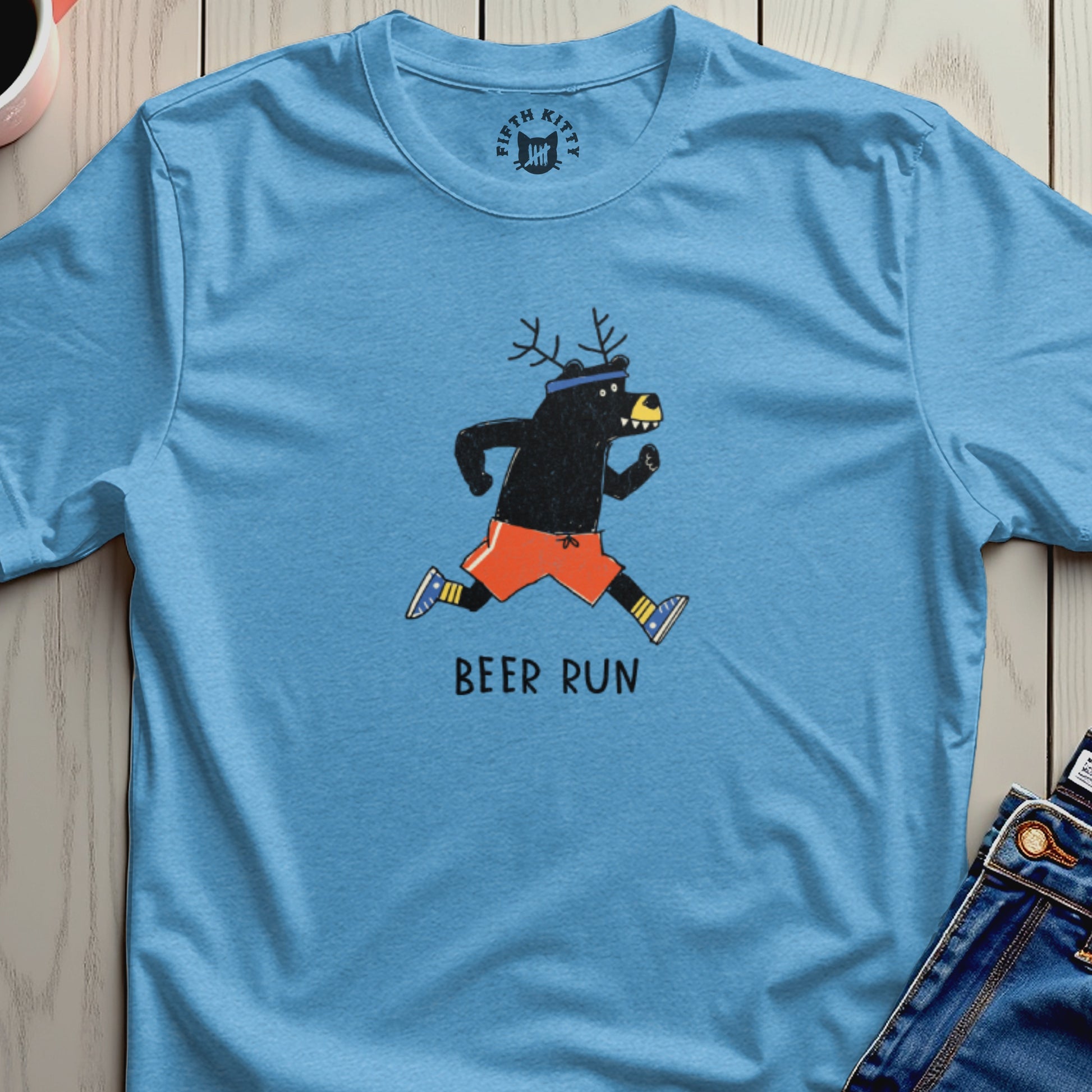 Cartoon bear with antlers running in orange shorts, text "BEER RUN".