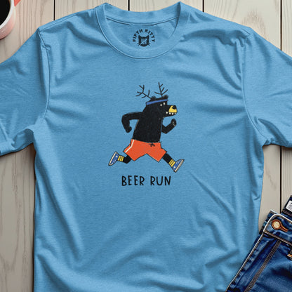Cartoon bear with antlers running in orange shorts, text "BEER RUN".