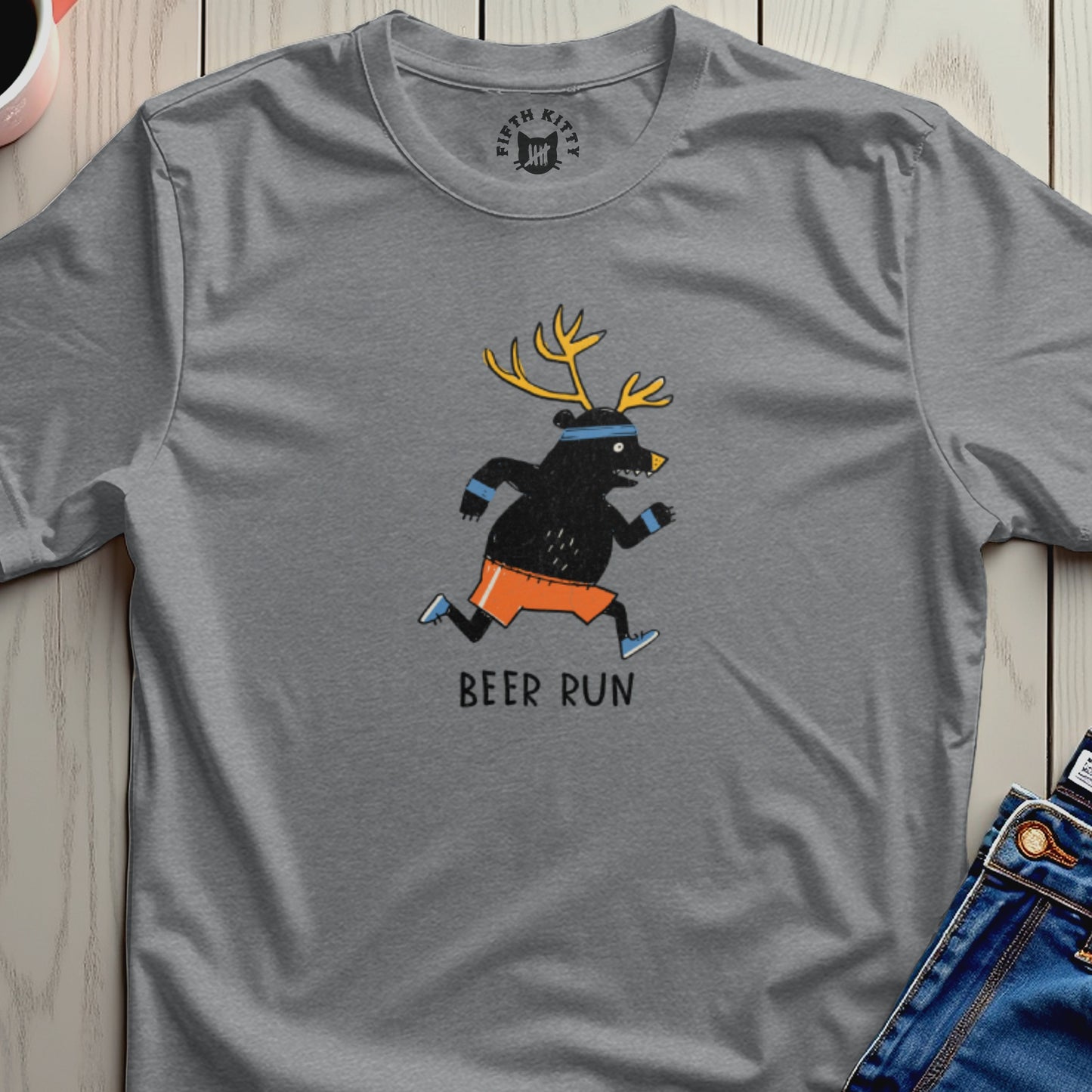 Grey t-shirt with a cartoon black bear wearing antlers and running shorts, text reads "BEER RUN".