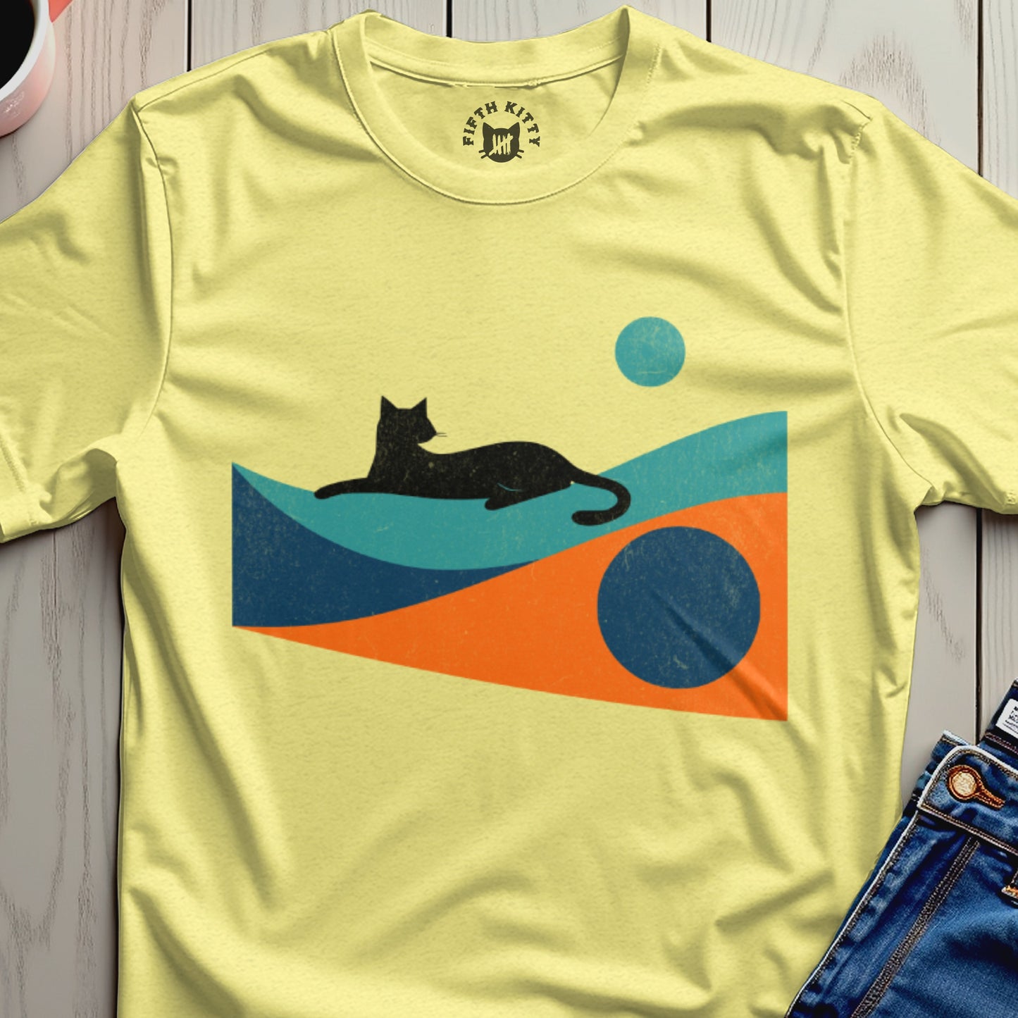 Vibrant Artistic Cat and Geometric Design T-Shirt