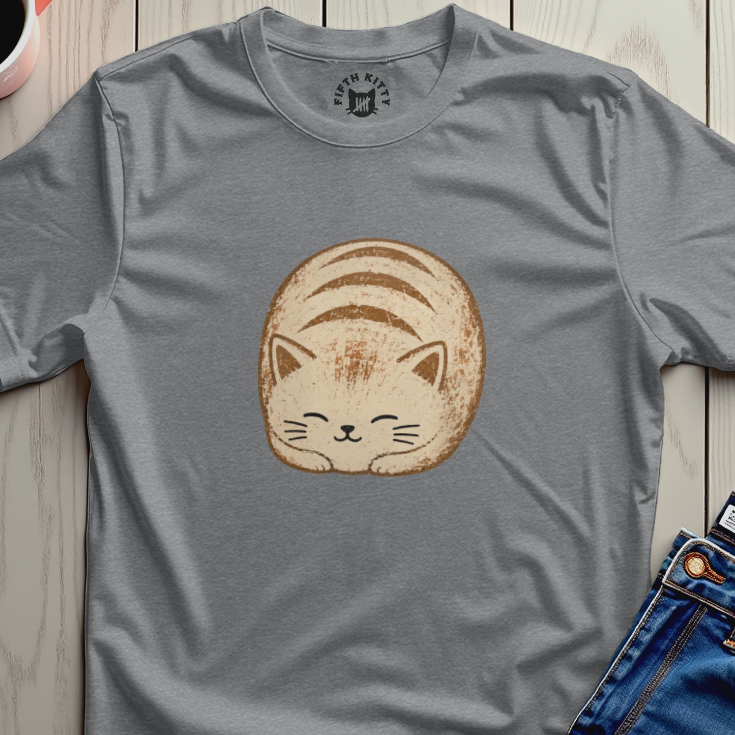 Grey t-shirt with a round, cartoonish cat illustration and "FIFTH KITTY" logo.