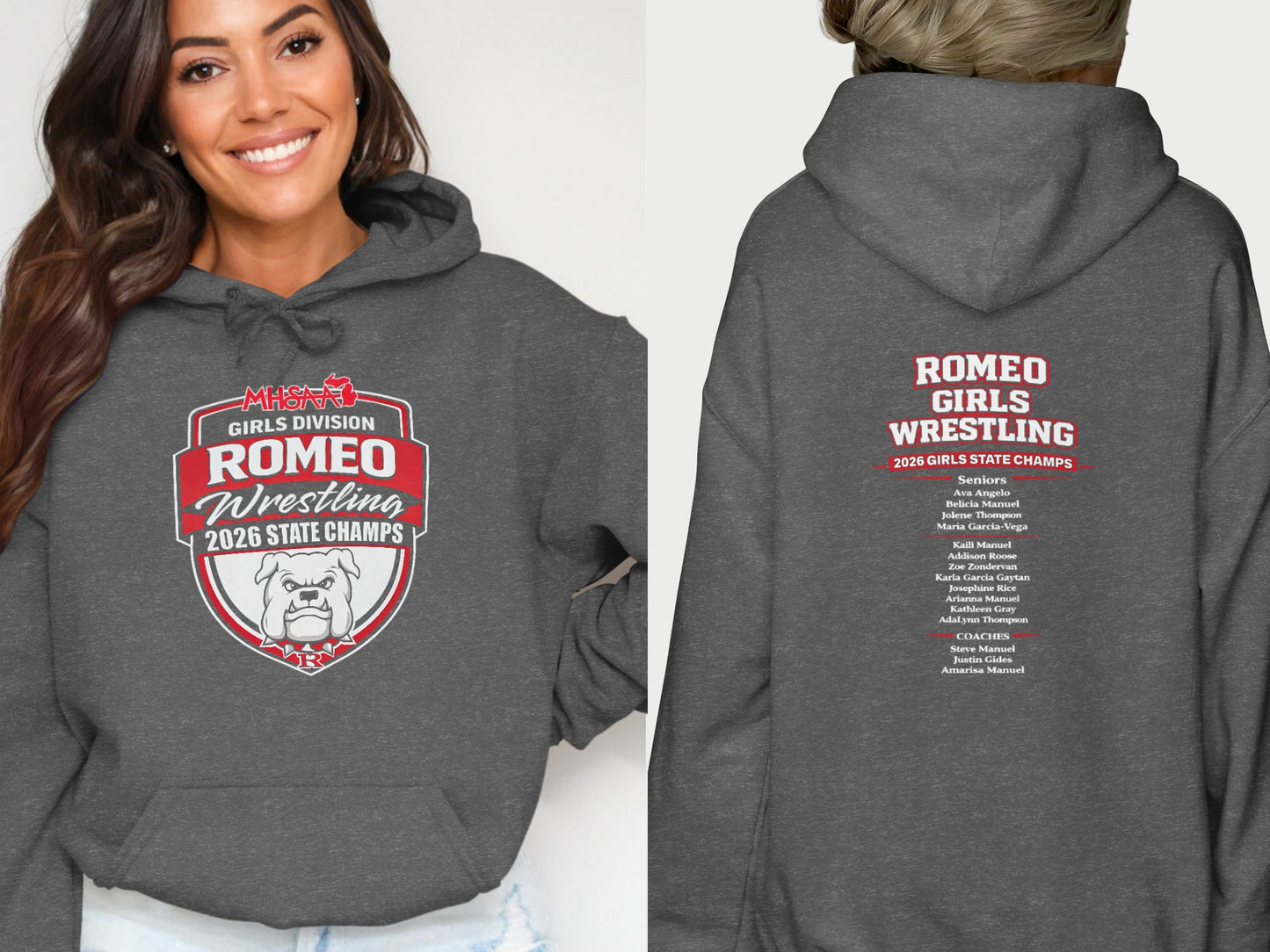 Romeo Wrestling 2026 State Champs girls' division hoodie with team names.