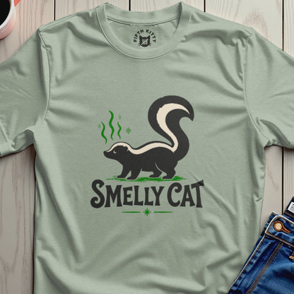 Green t-shirt with skunk graphic and "Smelly Cat" text.
